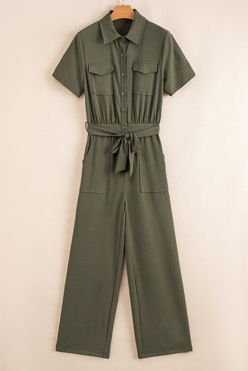 Modern Edge Utility Half Button Belted Wide Leg Jumpsuit
